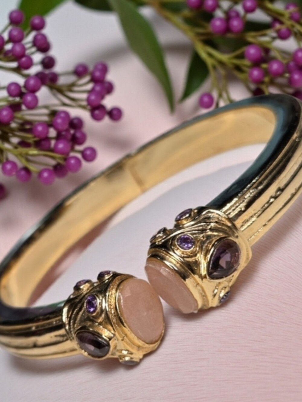 18k Gold Plated Rose Quartz & Amethyst Crystal Chunky Byzantine Bracelet
